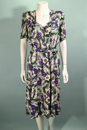 SOLD Vintage 40s Rayon Tropical Print Dress w/Flaws M