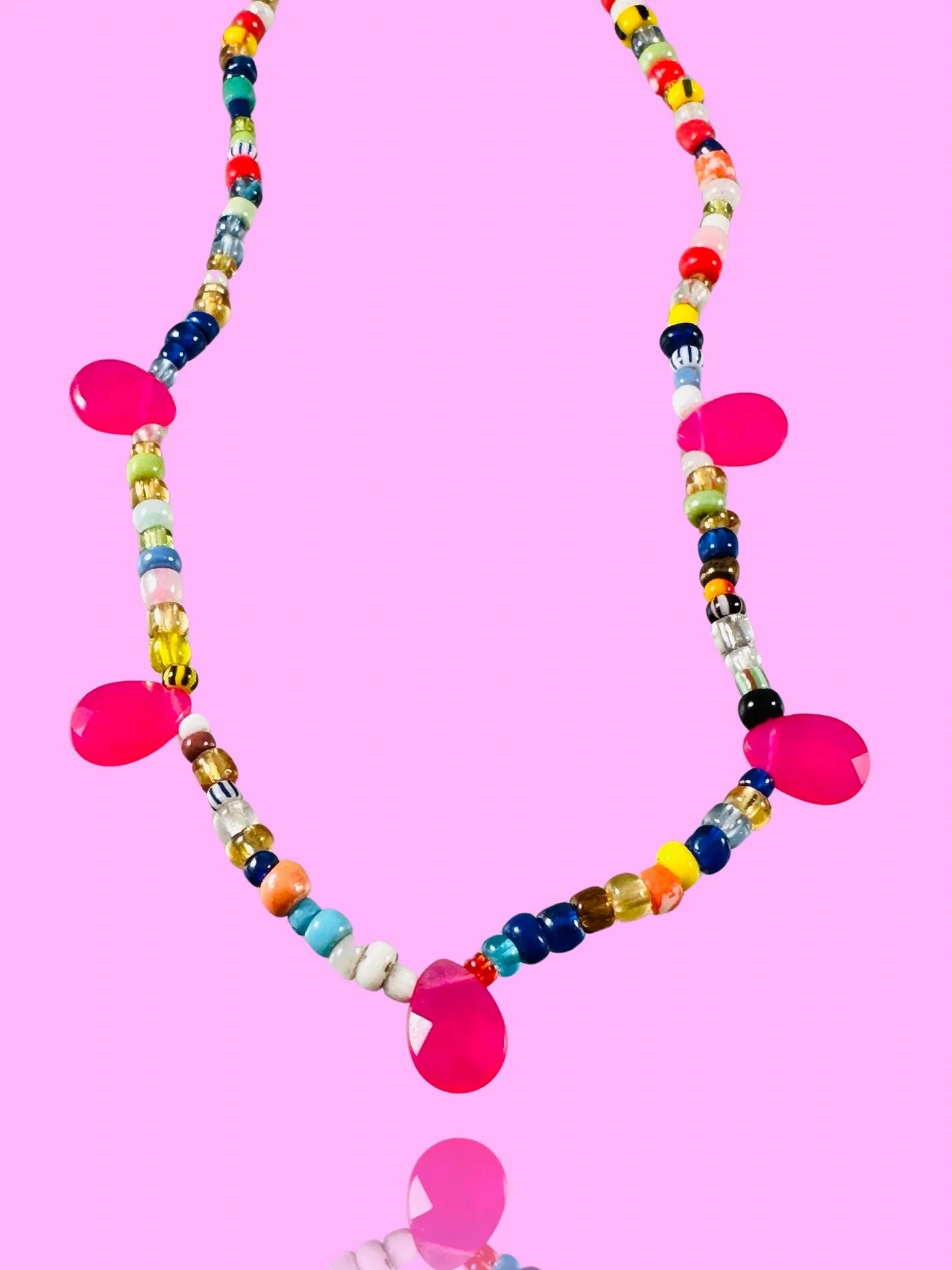 18” African Glass Bead Necklace with Sterling Heart or Pink Teardrops