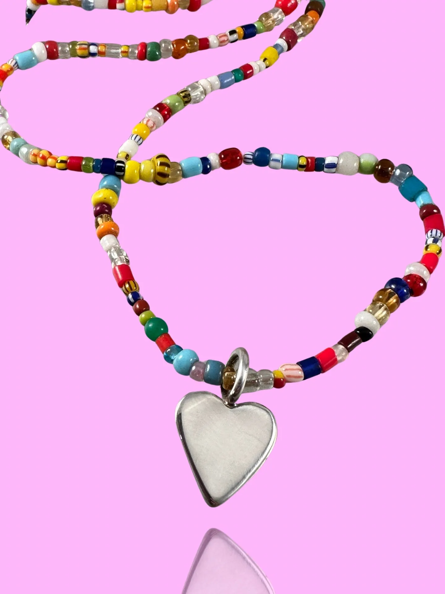 18” African Glass Bead Necklace with Sterling Heart or Pink Teardrops