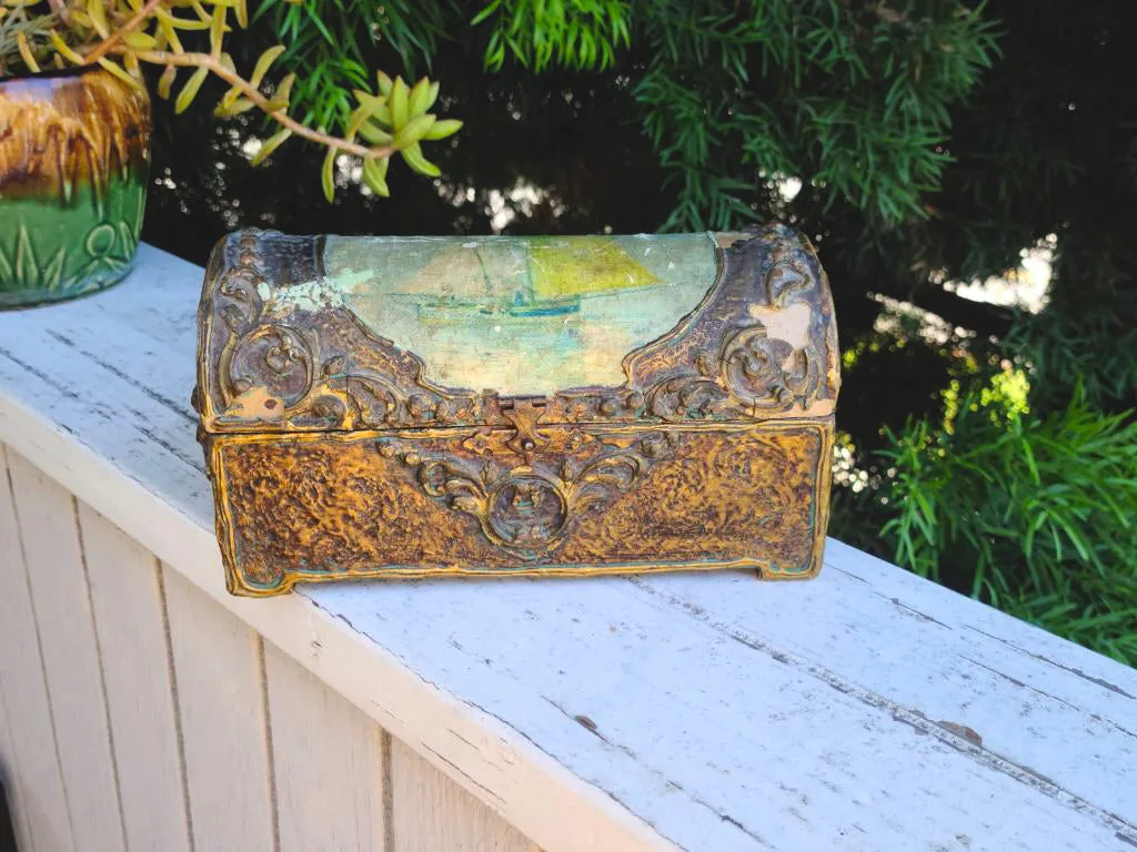 Antique Art Nouveau Outdoor Nautical Boat Scene Gold Gild High Relief Box