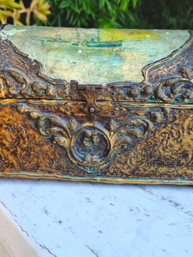 Antique Art Nouveau Outdoor Nautical Boat Scene Gold Gild High Relief Box