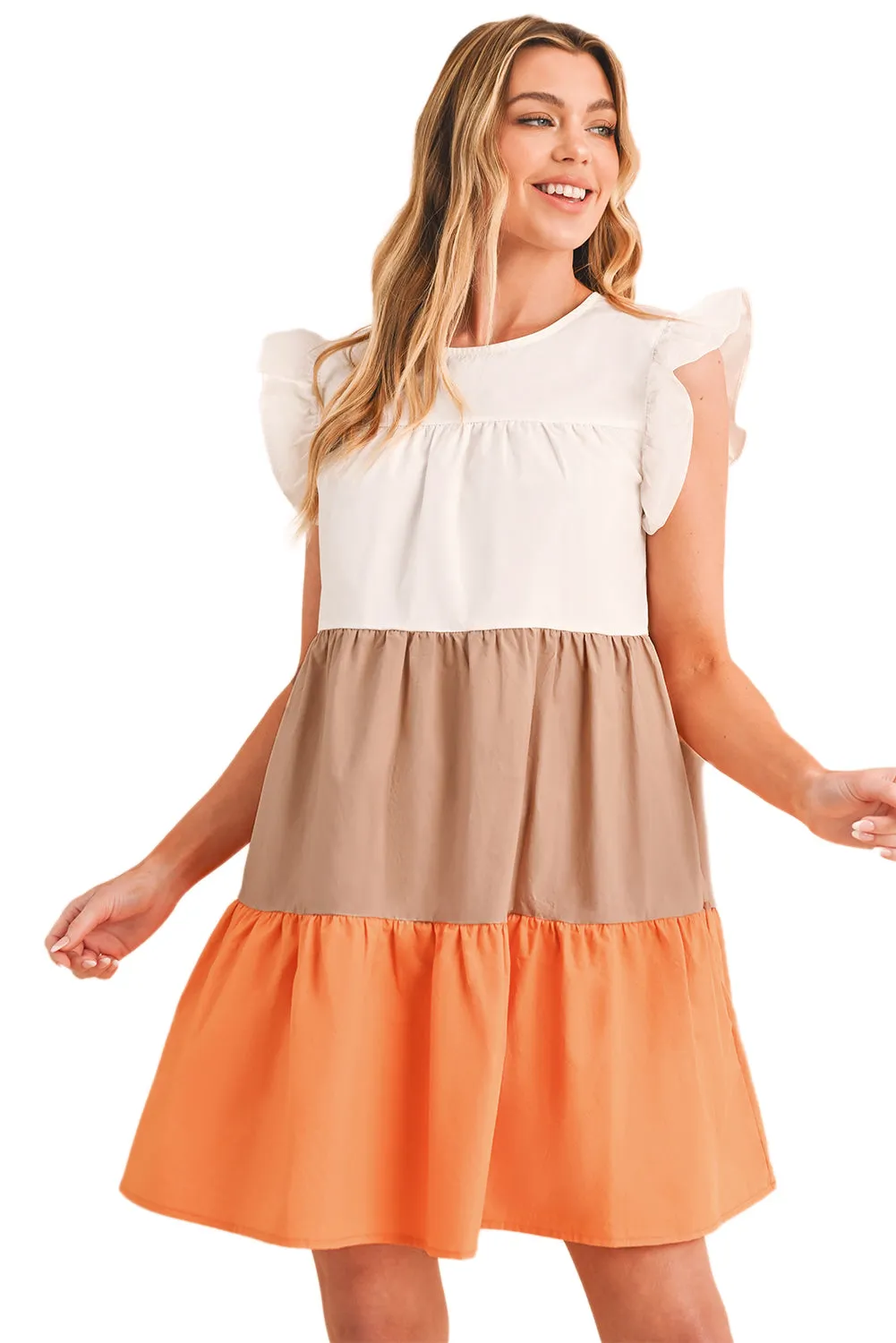 Apricot Ruffle Color Block Tiered Mini Dress