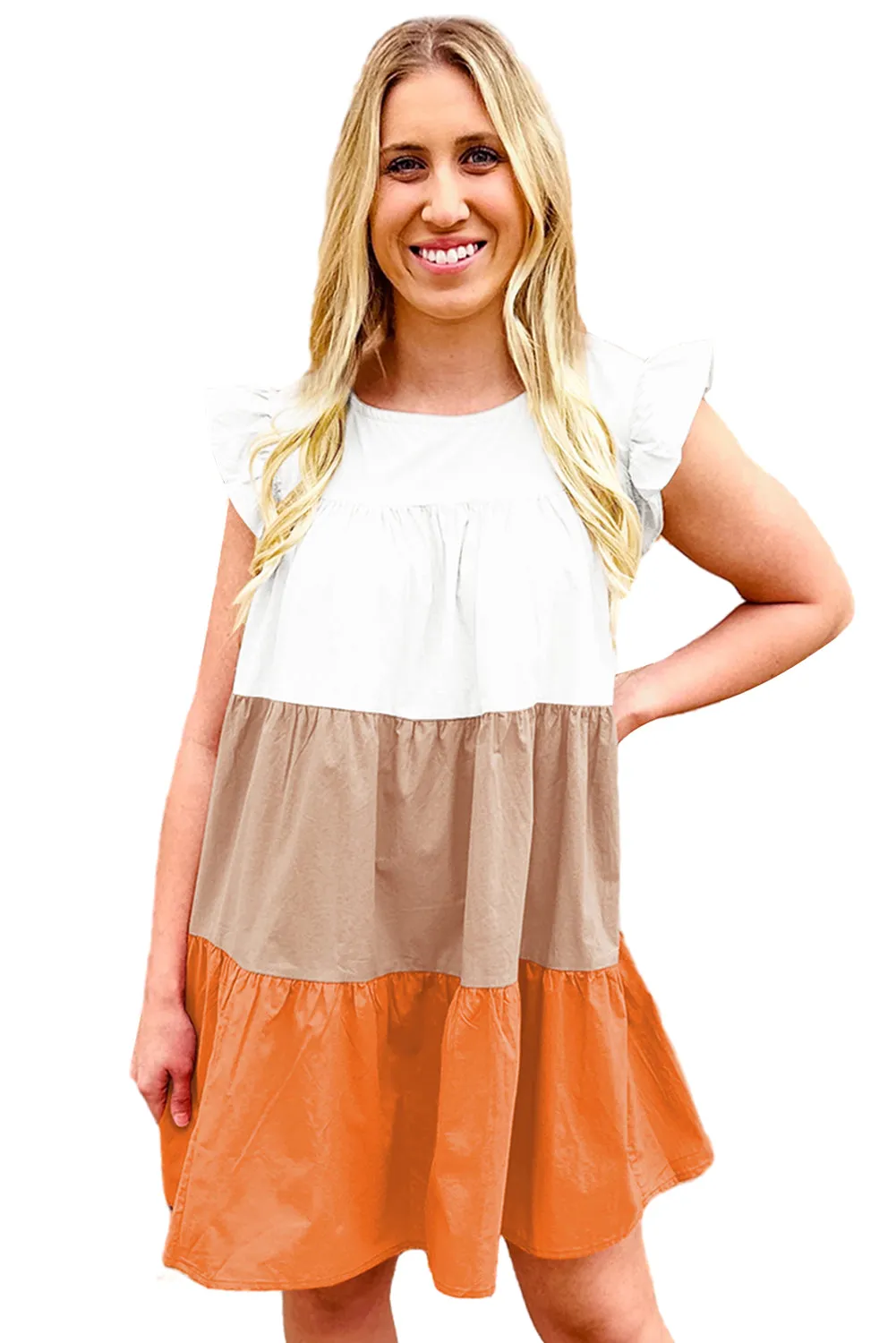 Apricot Ruffle Color Block Tiered Mini Dress