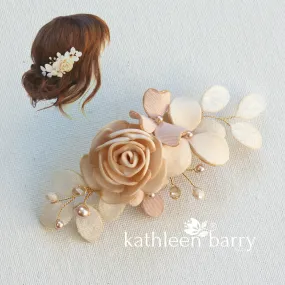 Audrey hairpiece - sculpted fabric flowers - Assorted colors, Rose gold, pale gold or silver