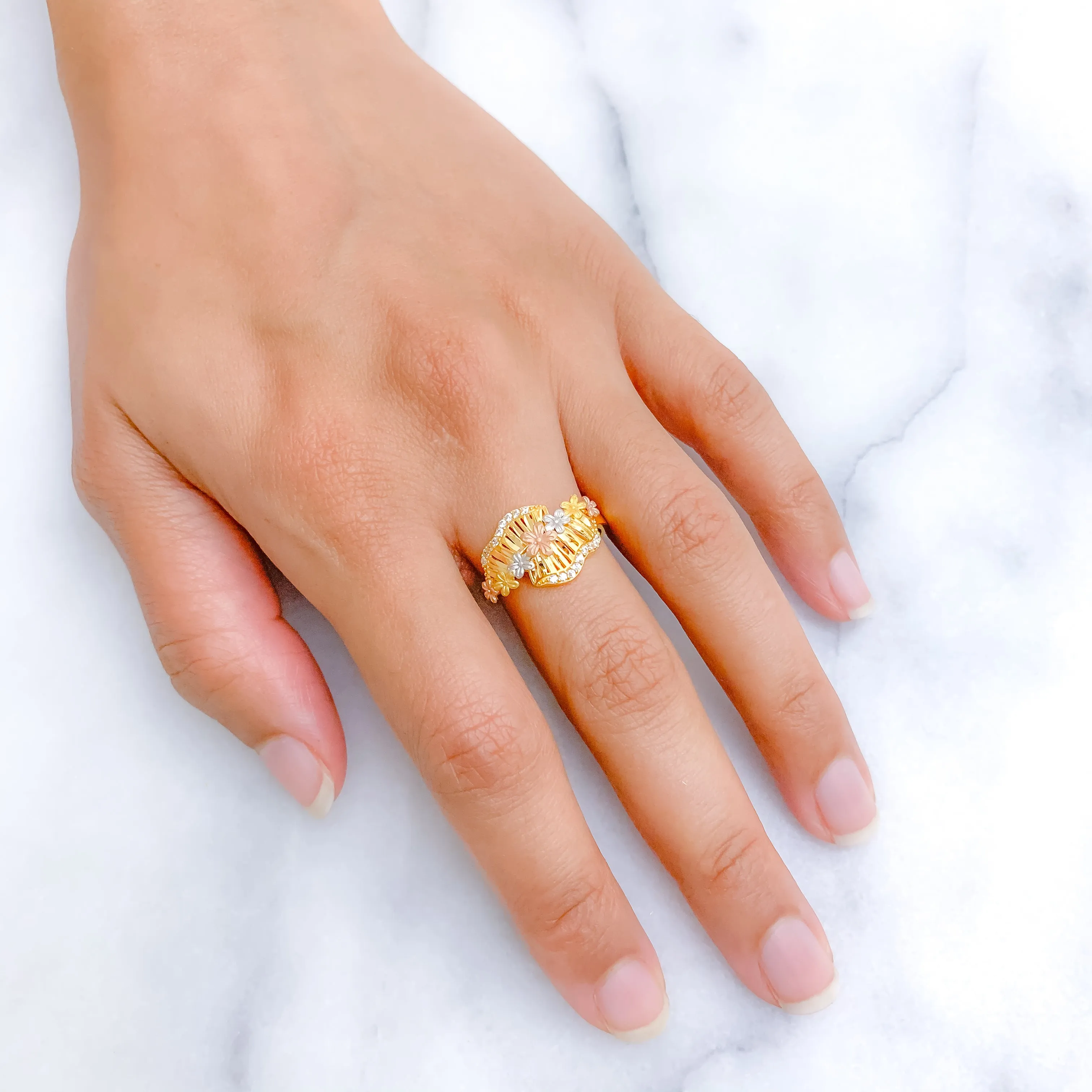 Beautiful Flower Three-Tone Ring