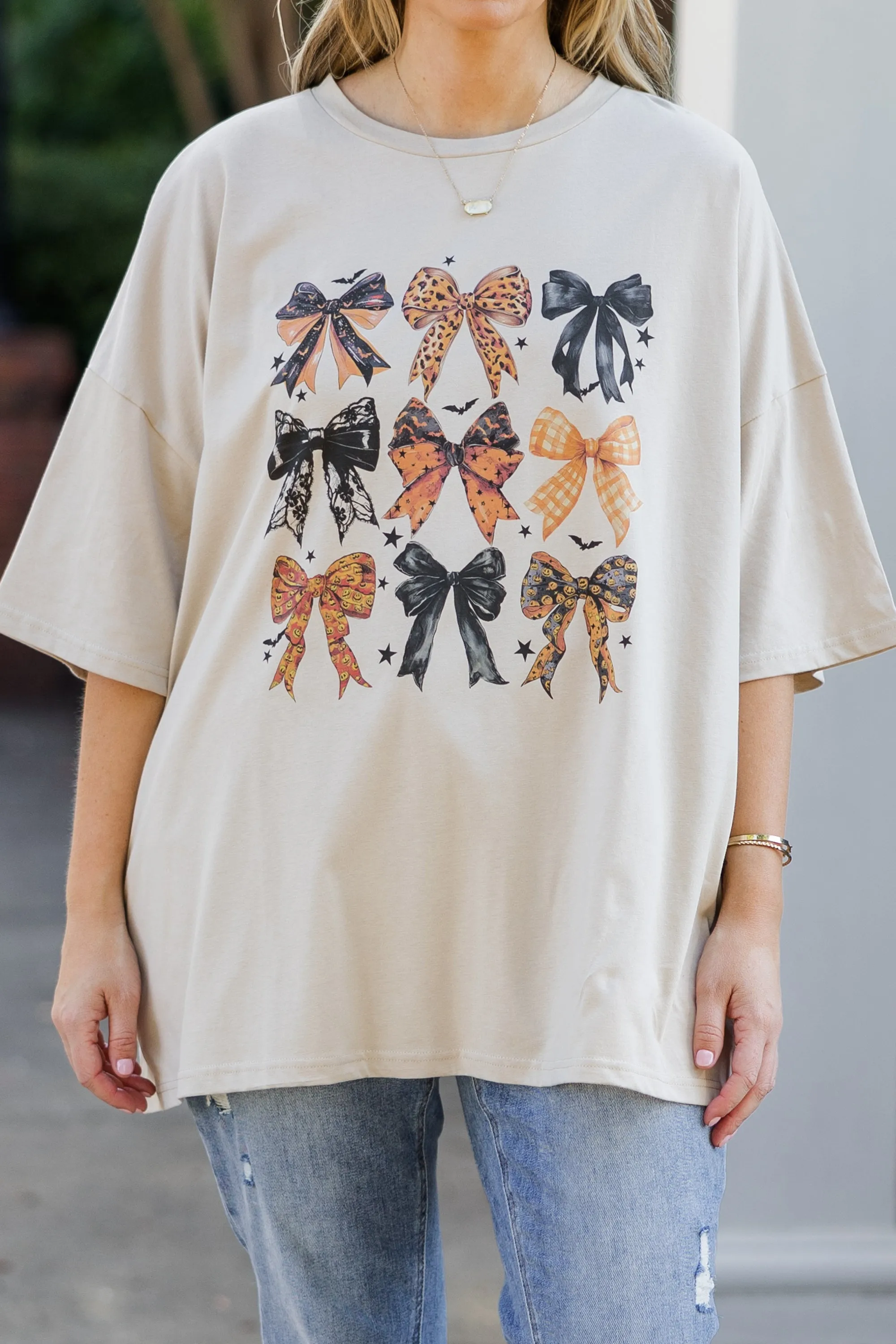 Boo-tiful Bows Boyfriend Tee, Light Mocha