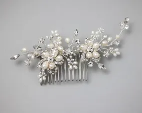 Bridal Hair Comb with Pearl Rhinestone Flowers