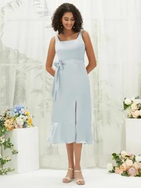 Cornflower Blue Silk Satin Square Neck Slit Tea Length Convertible Bridesmaid Dresses