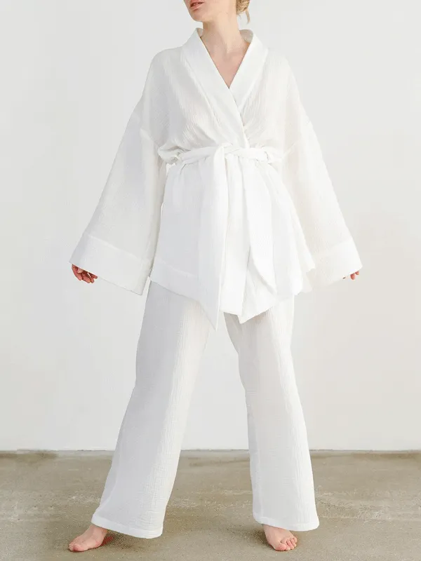 Cotton Solid Color Long Sleeve Robe Set