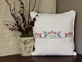 Cross-Stitched Linen Pillow Cover with Floral Design