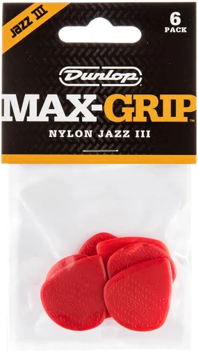 Dunlop 471P3N Max Grip Jazz III Nylon Guitar Picks, Red, 6-Pack