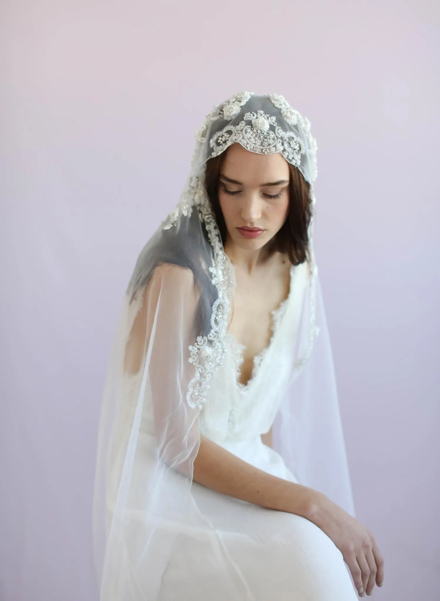 Embroidered floral and beaded juliet veil - Style #635