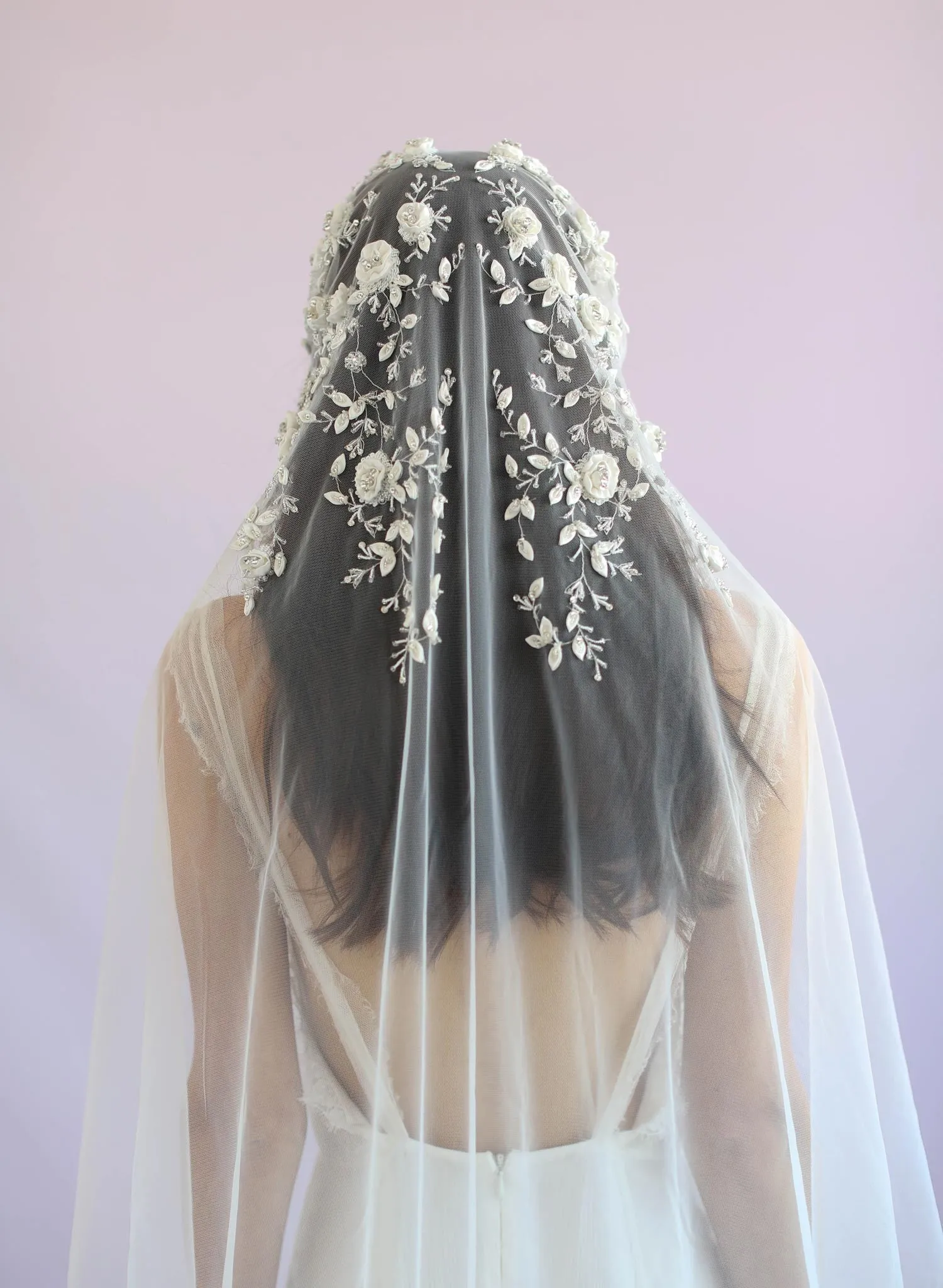 Embroidered floral and beaded juliet veil - Style #635