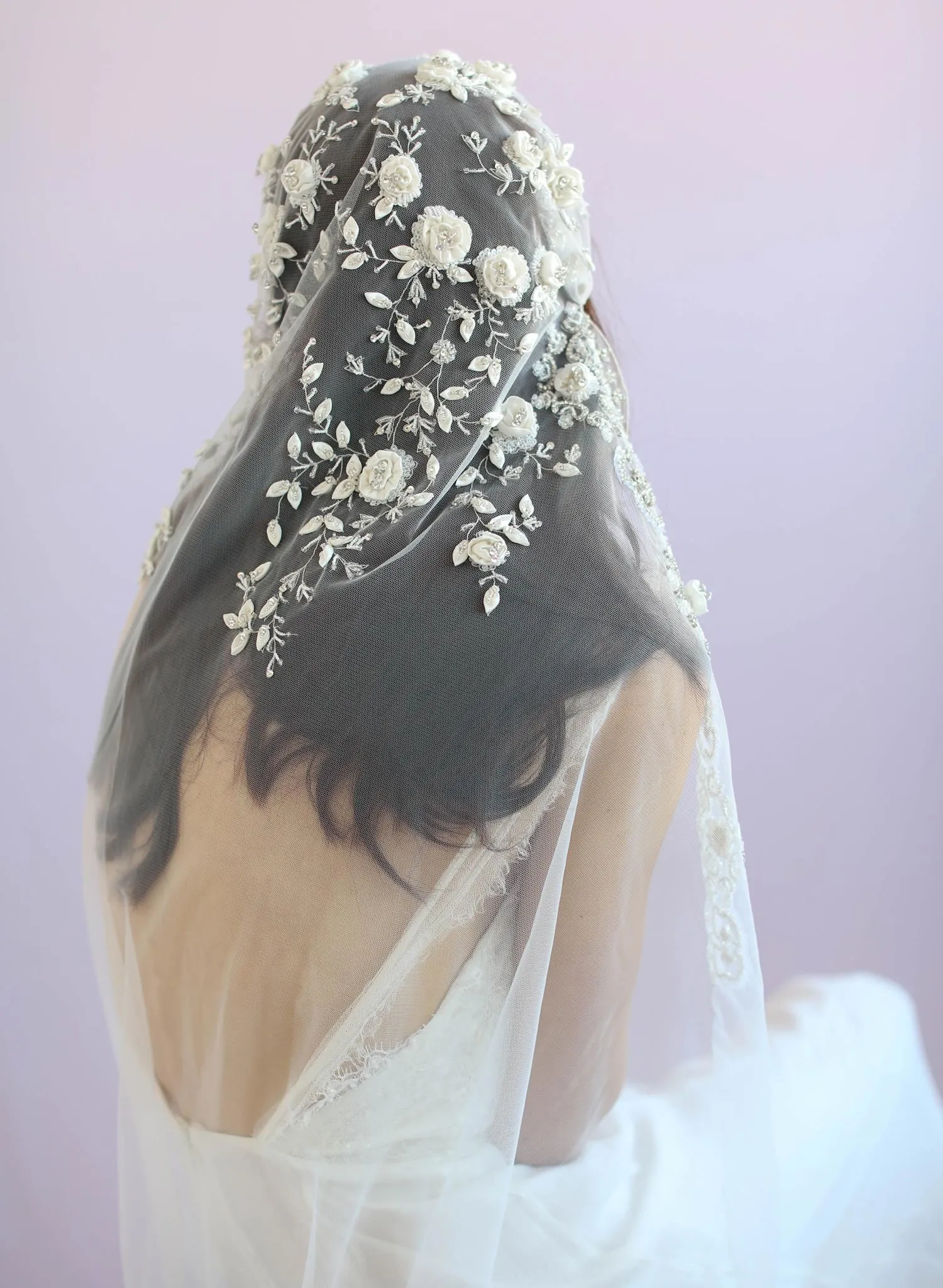 Embroidered floral and beaded juliet veil - Style #635