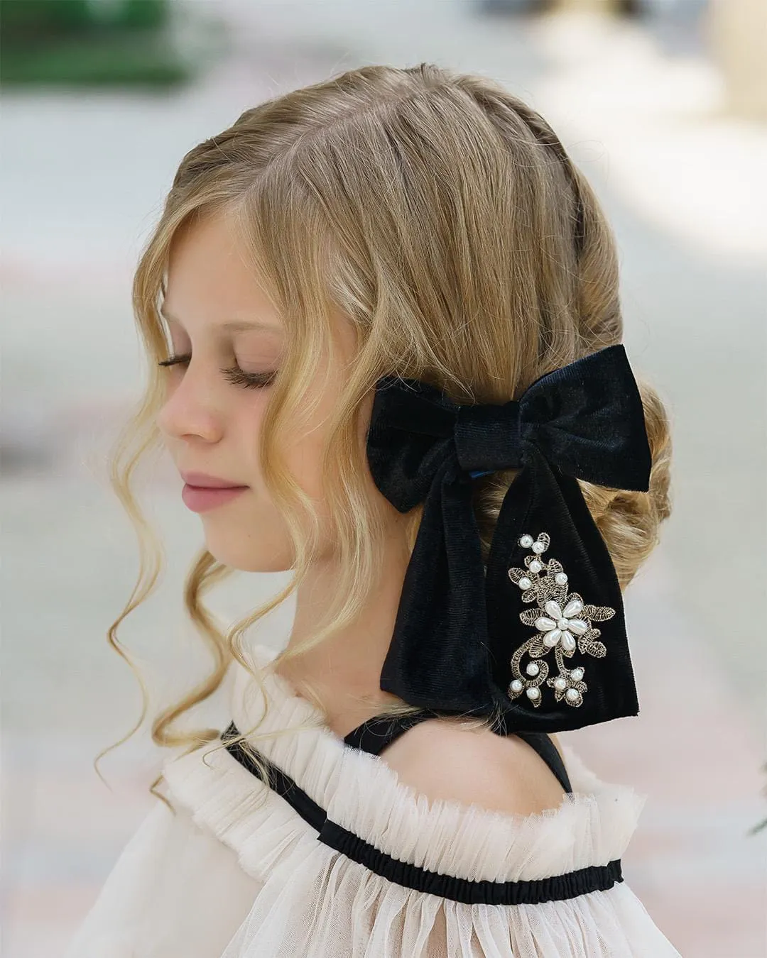 Embroidered Velvet Pearl Hair Bows