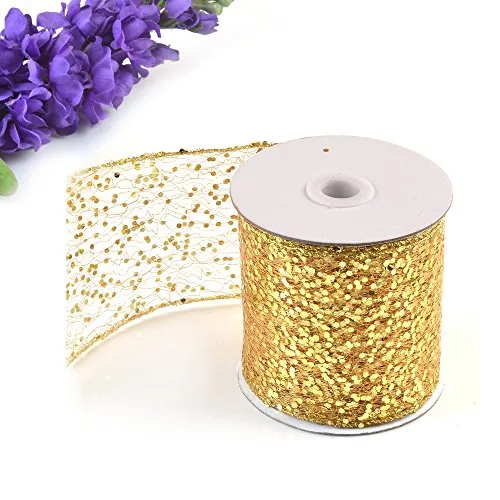 eZthings Decorative Designer Sparkly Sheer Fabric Ribbons for Party Decor and Gift Baskets (10 Yard, Gold(3.5" Width))