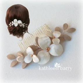 Florence hairpiece, Damask fabric flowers with faux suede leaves - Color variations