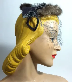 Grey Velvet Bow and Chocolate Mink Cocktail Hat circa 1950s