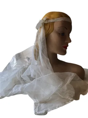 Ivory Lace and Mesh Headband Style Wedding Veil circa 1920s