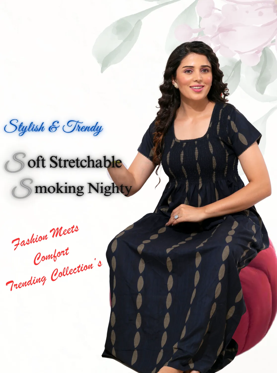 ONLY MINE Premium Smokey Nighty | Stretchable Elastic Type | Beautiful Pleated Model | Side Pocket | Stylish Nighty for Stylish Women's (OM-RAH)