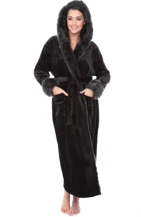 Women's Winter Robe with Faux Fur Feather, Plush Fleece Hooded Bathrobe